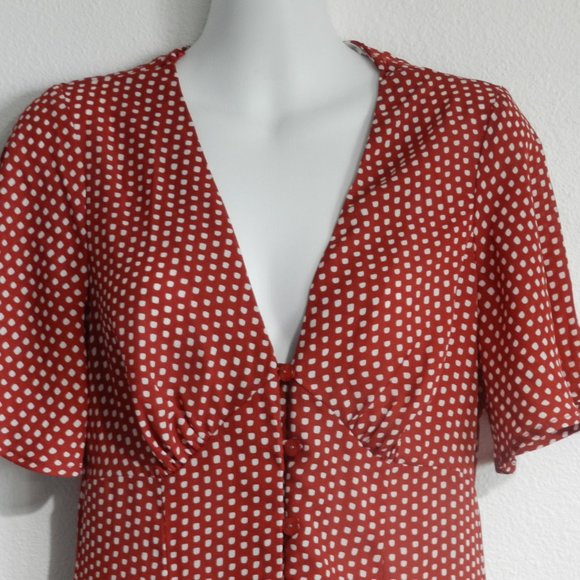 Superfoxx button down, flutter sleeve, open back, red and cream polka dot maxi - Picture 2 of 8